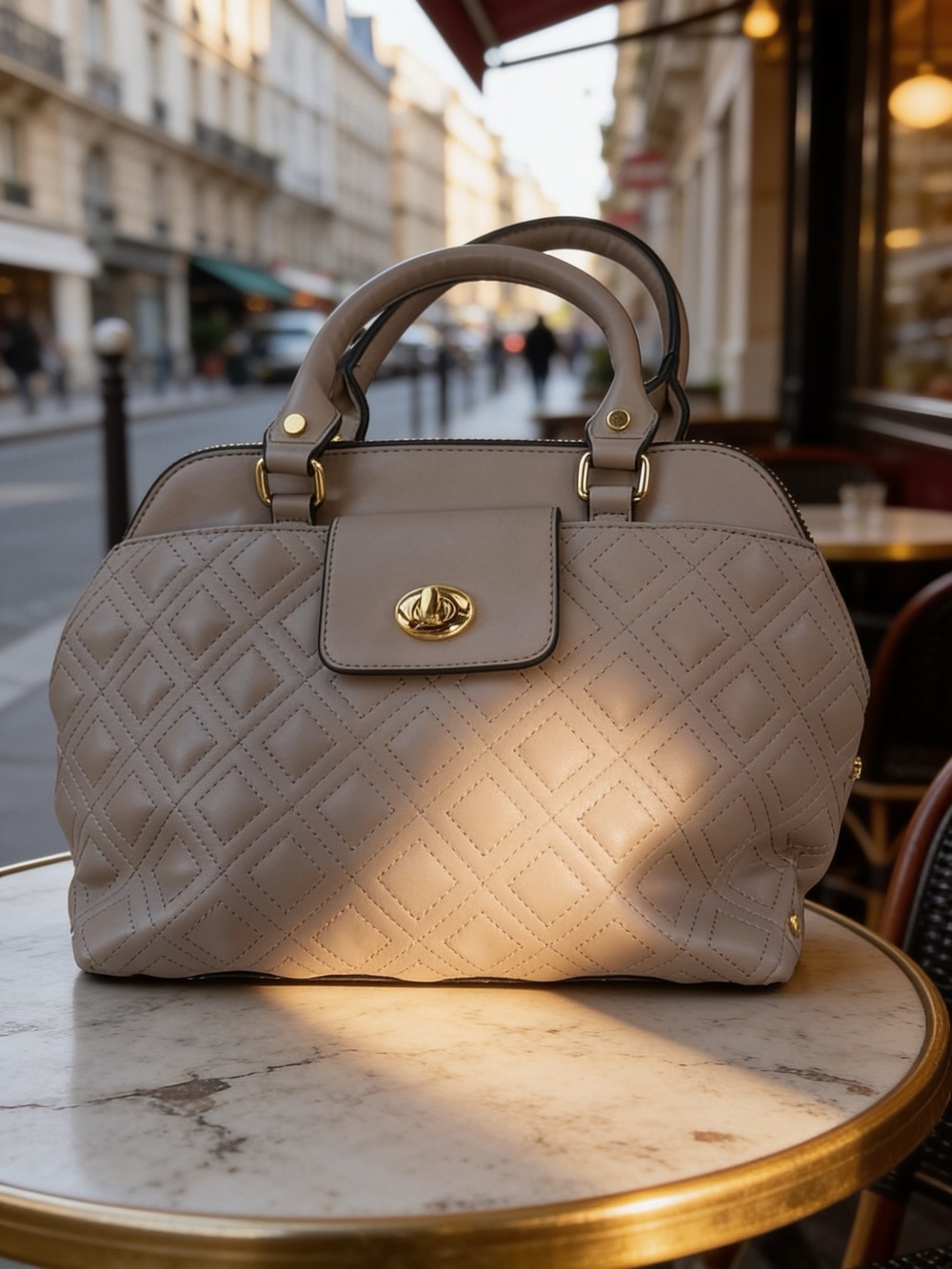 Charming Charlie’s Quilted Taupe Women’s Satchel Handbag with Gold Hardware